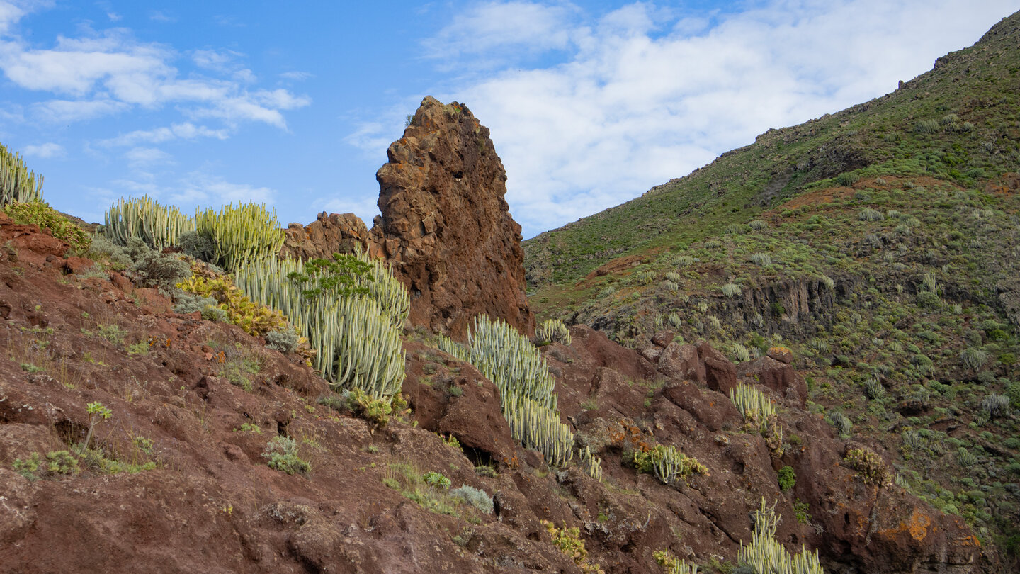 rot-braune Basaltwand am Wanderpfad in die Itobal-Schlucht