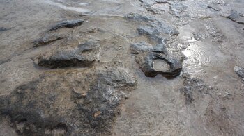 bei Flut unsichtbar sind die Gesteinsformationen in der Lagune Bahía del Salado