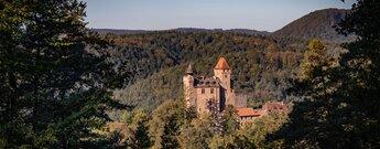 Burg Berwartstein mit zwei Türmen, eingebettet in herbstlichen Mischwald des Wasgaus, Fernperspektive