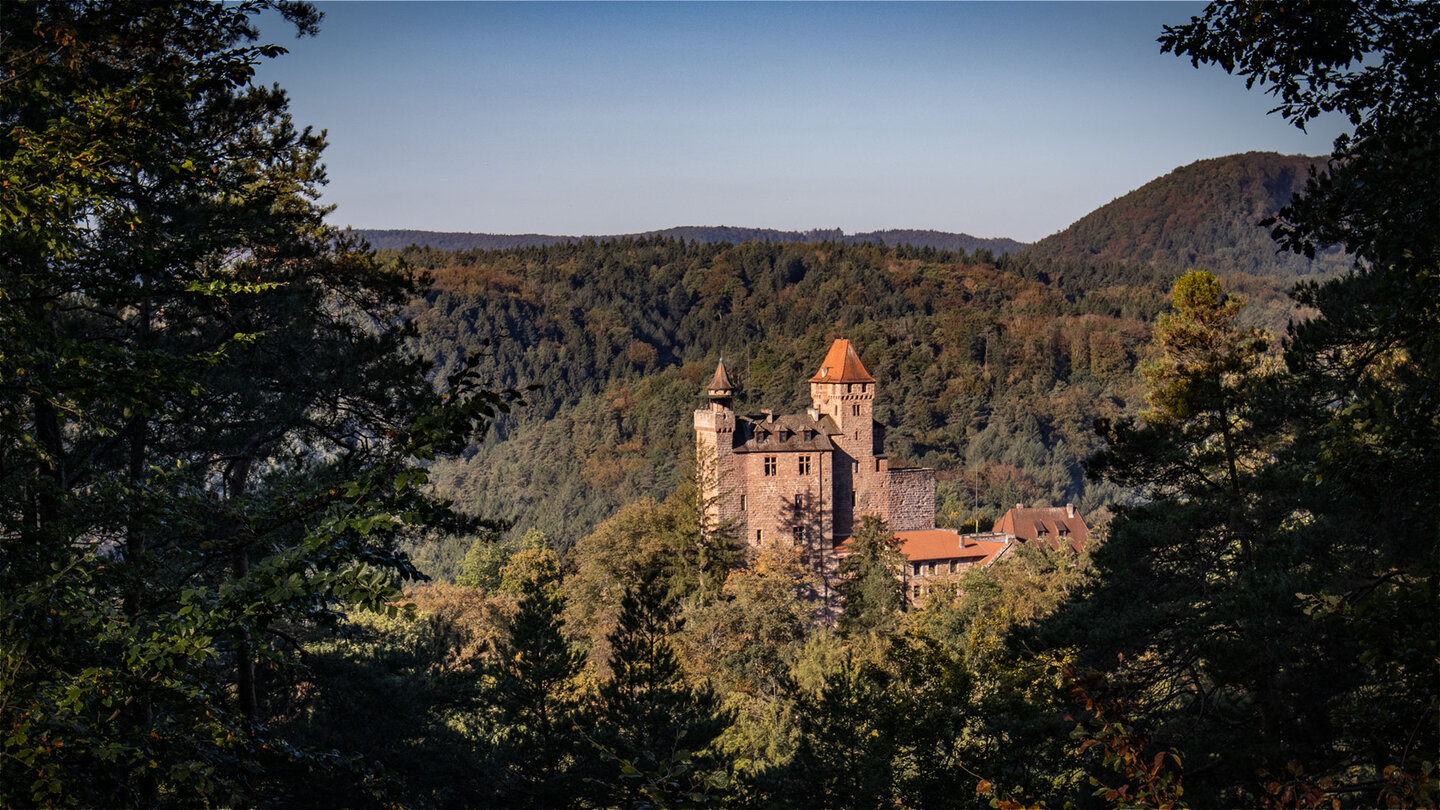 Burg Berwartstein mit zwei Türmen, eingebettet in herbstlichen Mischwald des Wasgaus, Fernperspektive