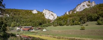 Panorama des Donautals mit Gasthaus, Weiden und Kalkfelsen