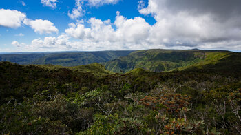 Der Wanderweg zum Piton de la Petite Rivière Noire bietet Ausblicke auf grüne Bergkämme und tiefe Täler