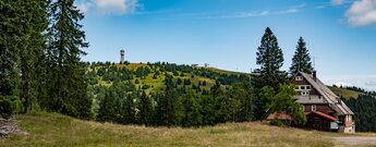 Blick auf den Feldberturm vom Startpunkt der Wanderung beim Feldberg-Pass