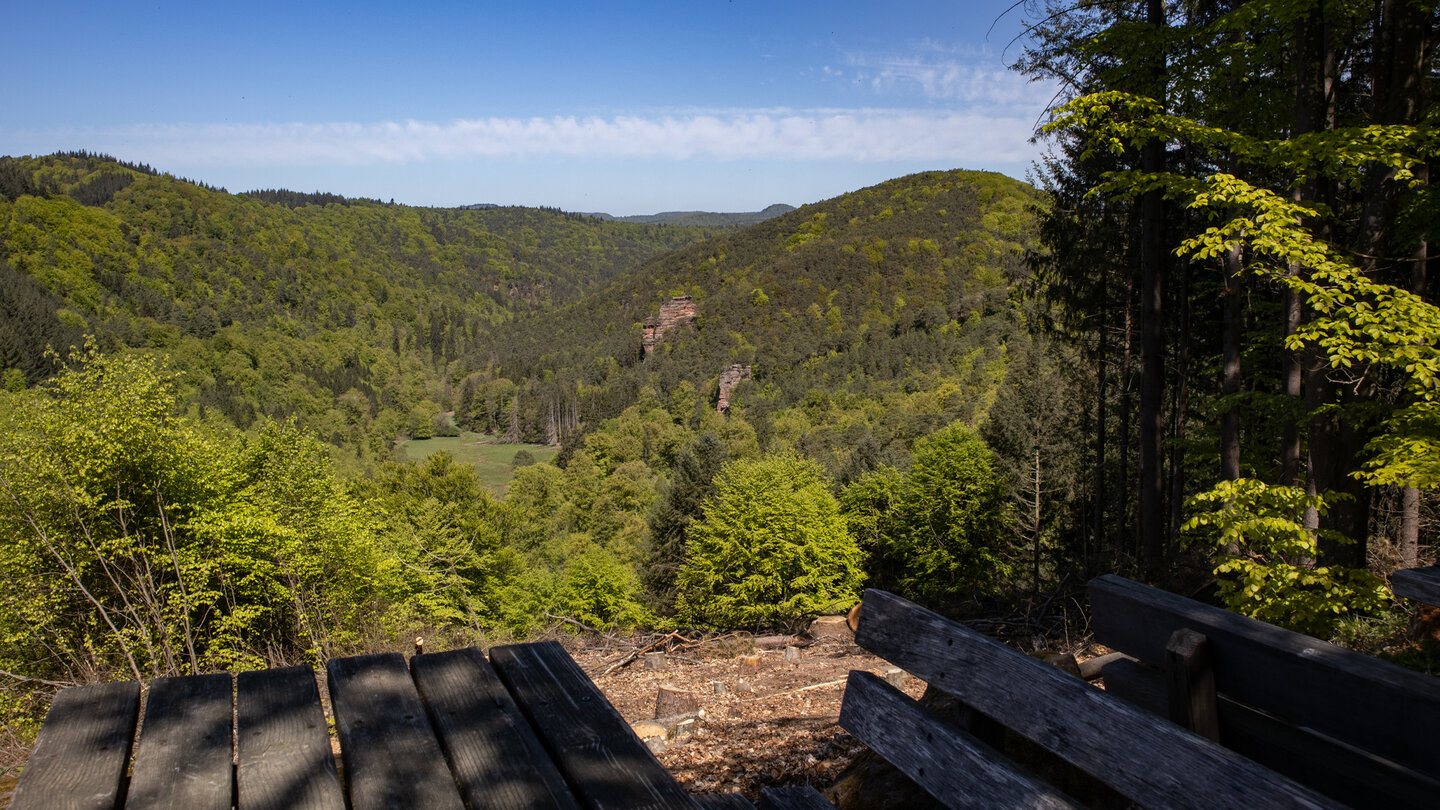 Blick vom Wanderheim Dicke Eiche zum Wolfsfelsen und den Stephanstürmen