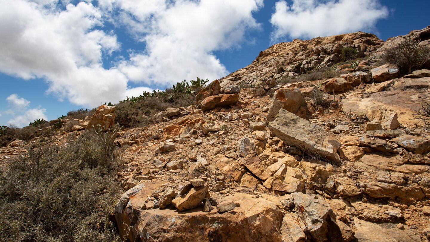 Steinmännchen markieren den Weg durch loses Gestein in der Gipfelregion
