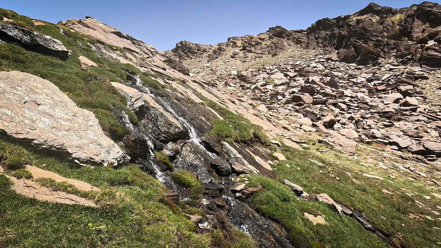 Wasserfall beim Bergsee Laguna del Majano vom Wanderweg am Rio Mulhacén Wasserfall beim Bergsee Laguna del Majano vom Wanderweg am Rio Mulhacén