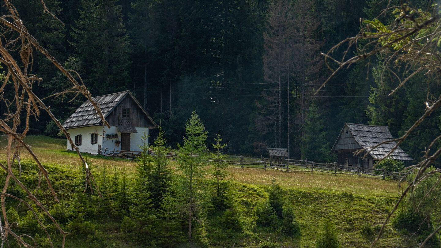 Kleine Berghütten auf der Lichtung Klin im Krnica-Tal bei Kranjska Gora
