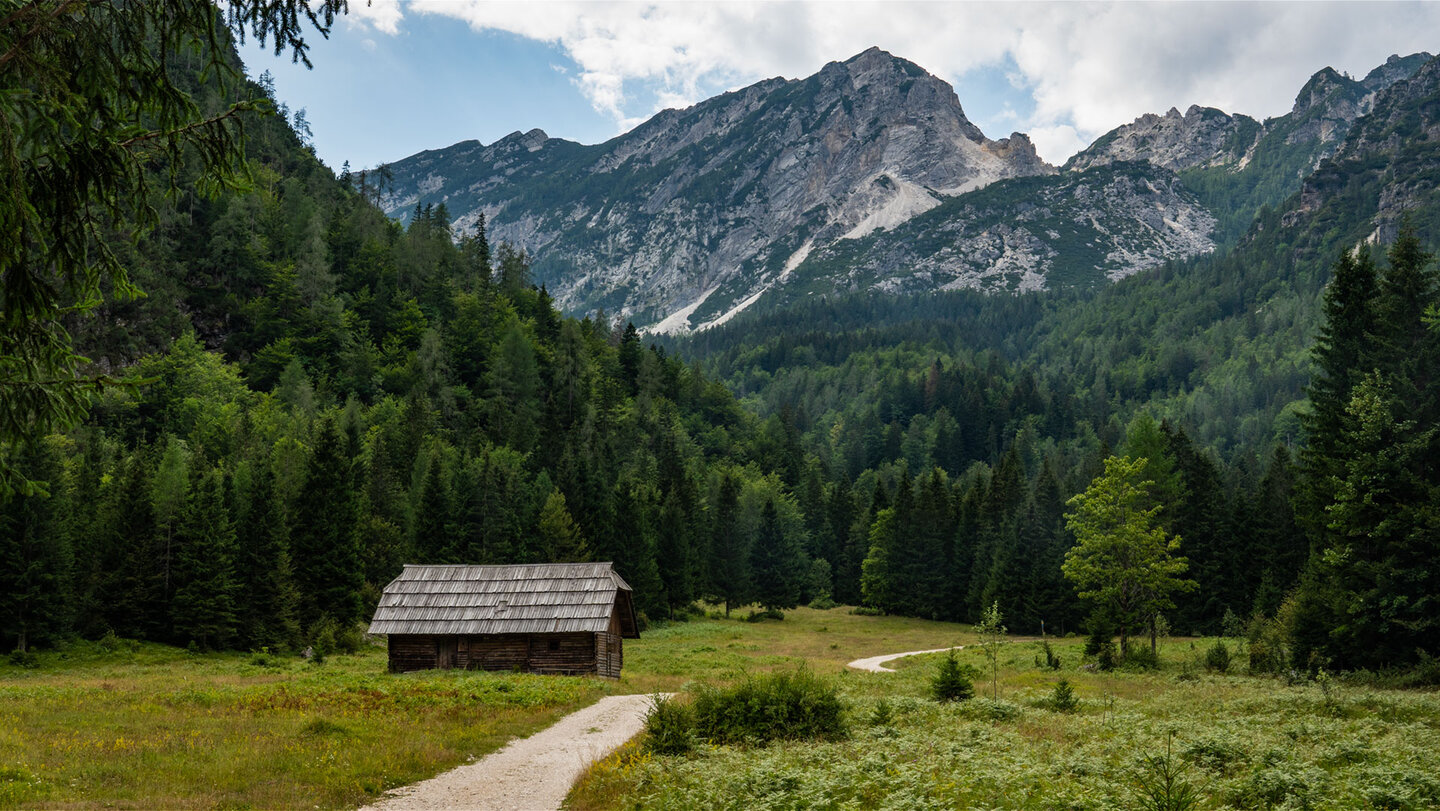 Wanderweg über die Lichtung Krnica Livada mit alter Holzscheune im Krnica-Tal