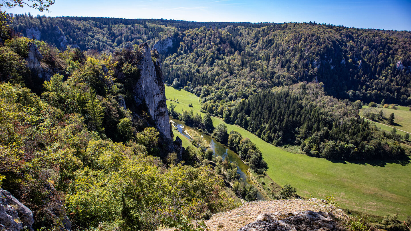 Steiler Kalkfelsen des Stiegelesfelsens über dem bewaldeten Donautal
