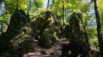 meterhoch ragen die verwitterten Kalksteinformationen in der Wolfsschlucht