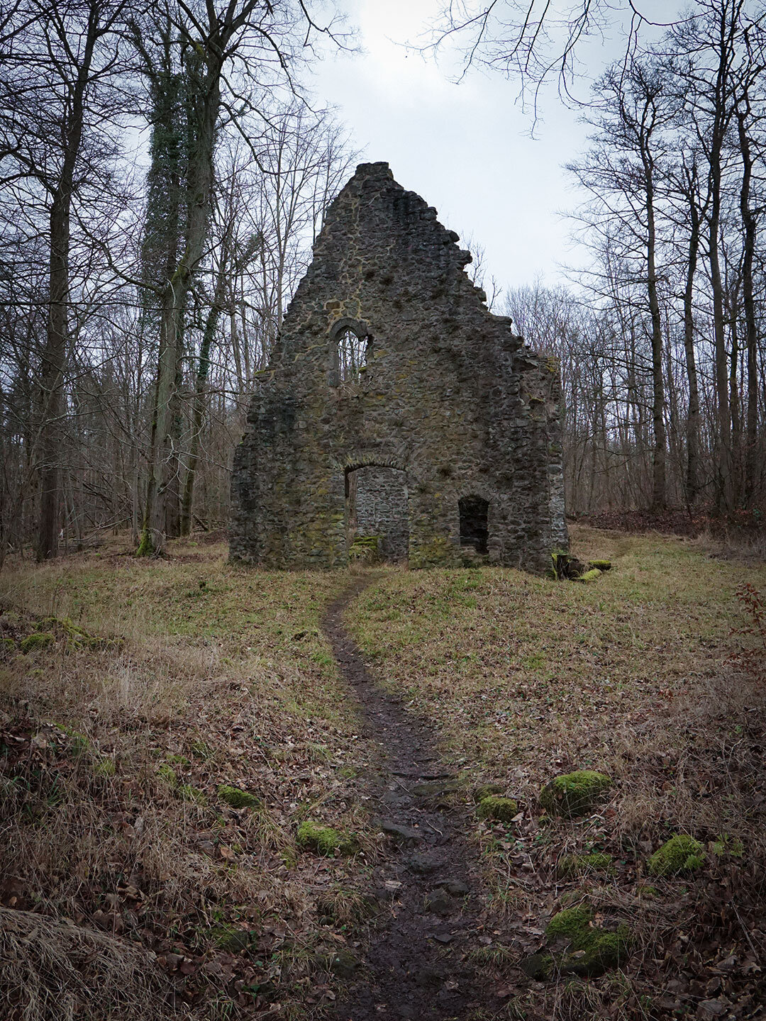ein Pfad führt zu der Kirchenruine Ruthardshausen