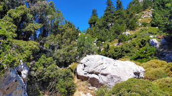 Felsen mit Wegmarkierung zwischen Phrygana-Vegetation auf der Wanderung nach Lakki