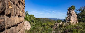 Sandsteinmauer der Drei Egsen mit Blick auf bewaldete Hügel und die Hohlandsbourg am Horizont