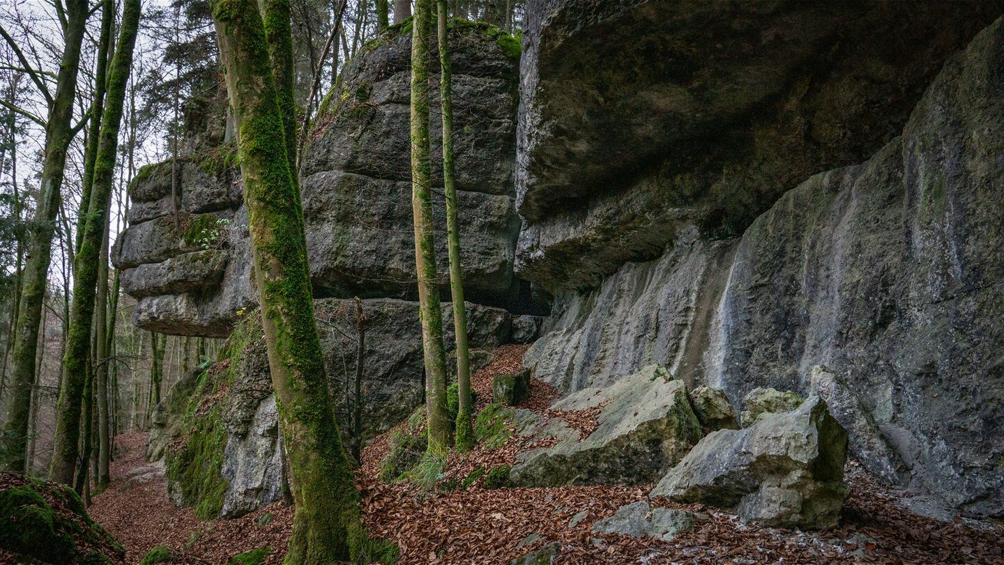 Felsformationen entlang des Alpinen Steigs bei Pottenstein, Fränkische Schweiz.