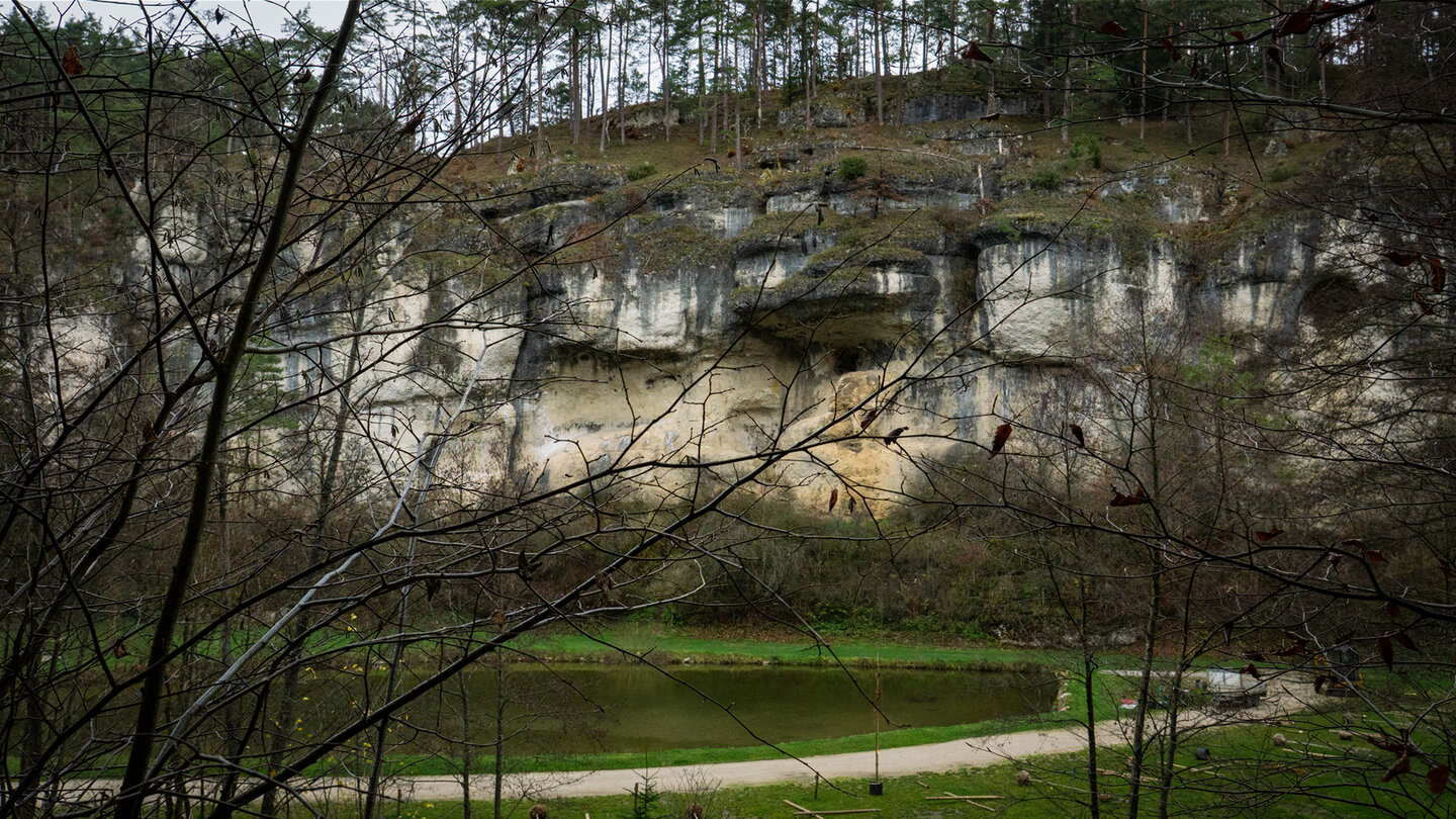 Kalksteinfelsen und Weiher in der Bärenschlucht bei Pottenstein, Fränkische Schweiz.