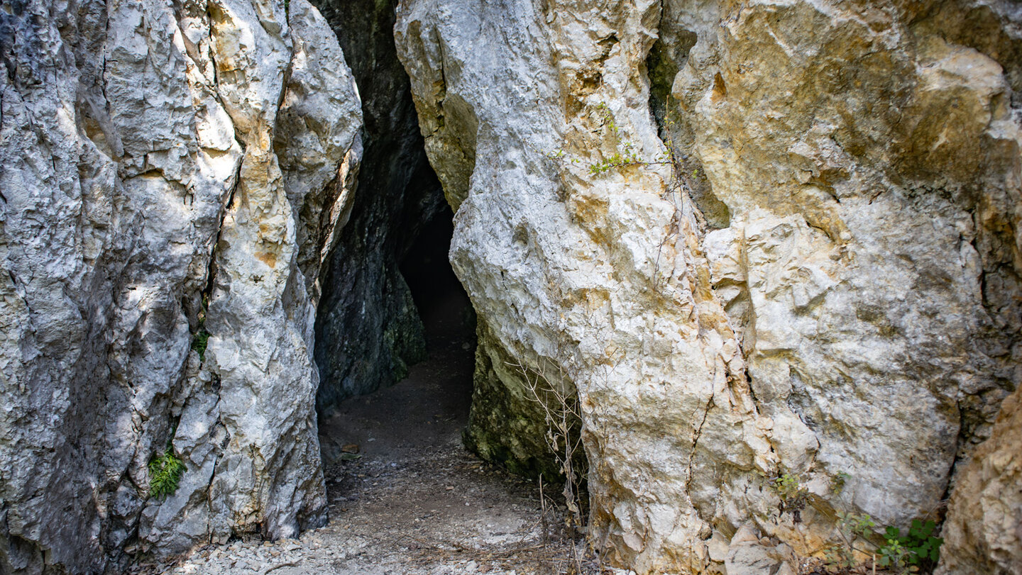 Eingang der Schwarzwagfelshöhle zwischen hellen Kalksteinwänden