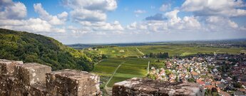 Der staufische Bergfried der Burg Landeck bei Klingenmünster, 25 Meter hoch, mit Zinnen und Erker.