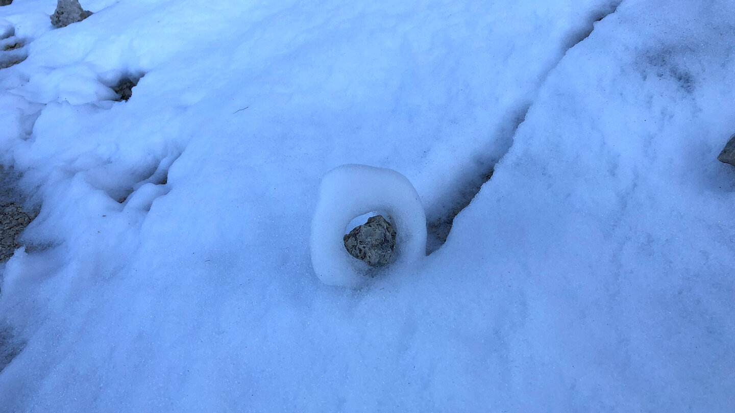rollender Stein im Schnee