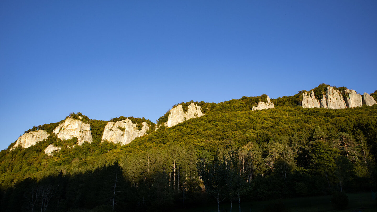 Hausener Zinnen bei Hausen im Tal – mehrere helle Kalksteinfelsen ragen aus dem bewaldeten Hang, angestrahlt von tiefem Abendlicht vor blauem Himmel