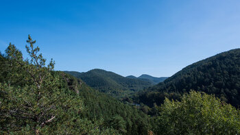 Blick von der Wilgartaburg zu den Drei Felsen im Queichtal