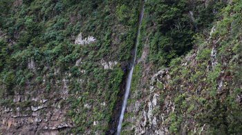 der Wasserfall El Cedro fällt über eine grün bewachsene Steilwand in die Tiefe