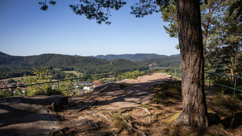 Der untere Aussichtspunkt der Eichelbergplatte bietet bereits einen ersten Blick über Busenberg.
