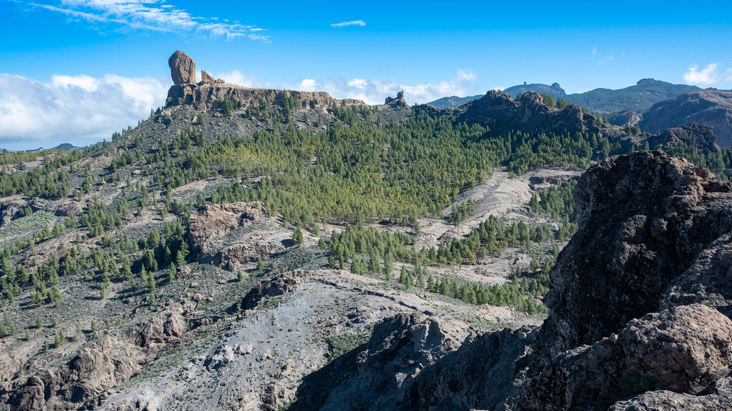 Blick vom Montaña del Aserrador zum Roque Nublo mit dem Pico de las Nieves