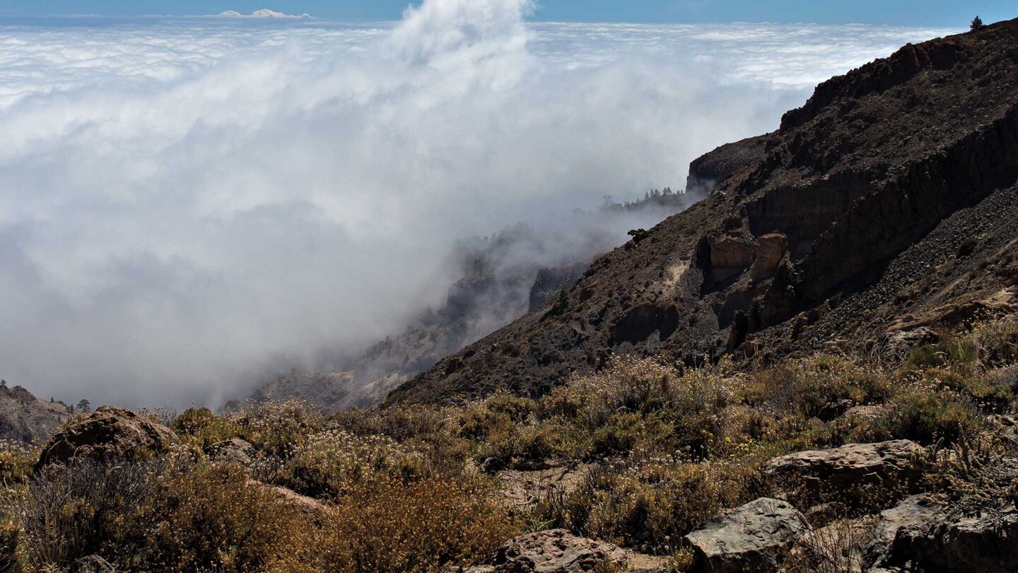 wolkenverhangene Landschaft Teneriffas hinter der Degollada de Guajara