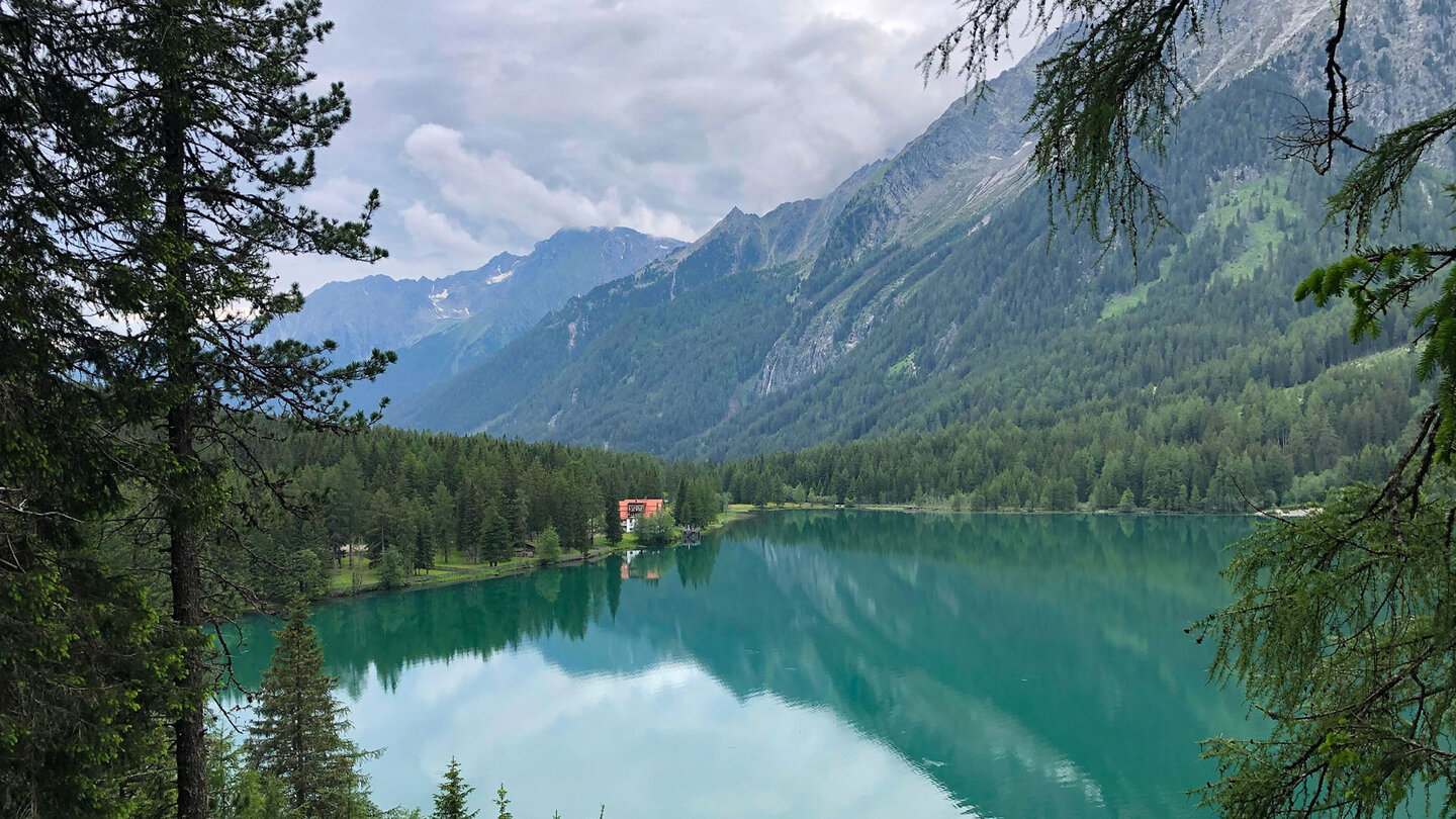 Blick über den türkis schimmernden Antholzer See türkis schimmernder Antholzer See