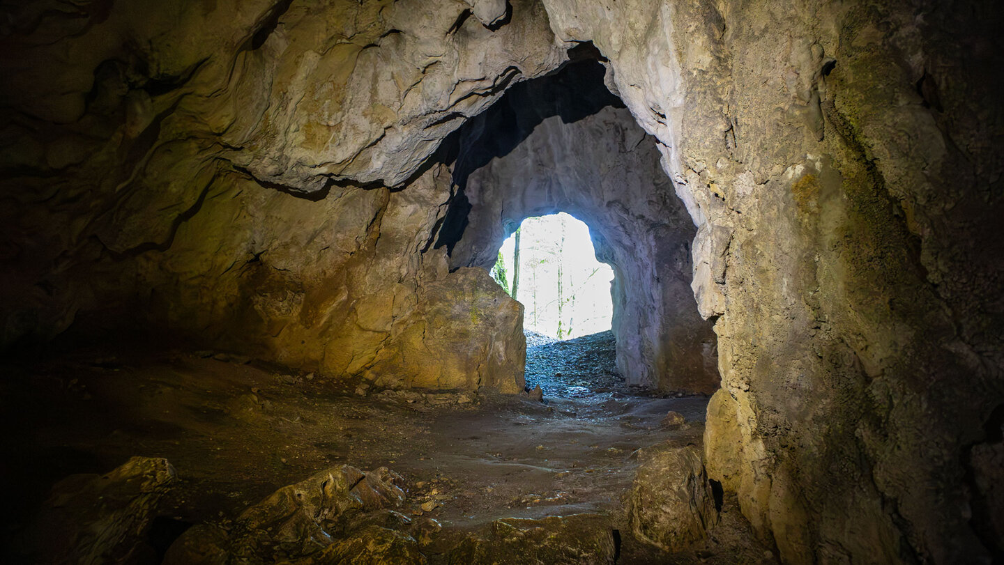 Höhlenportal mit Waldblick, Sperberloch-Höhle Donautal.