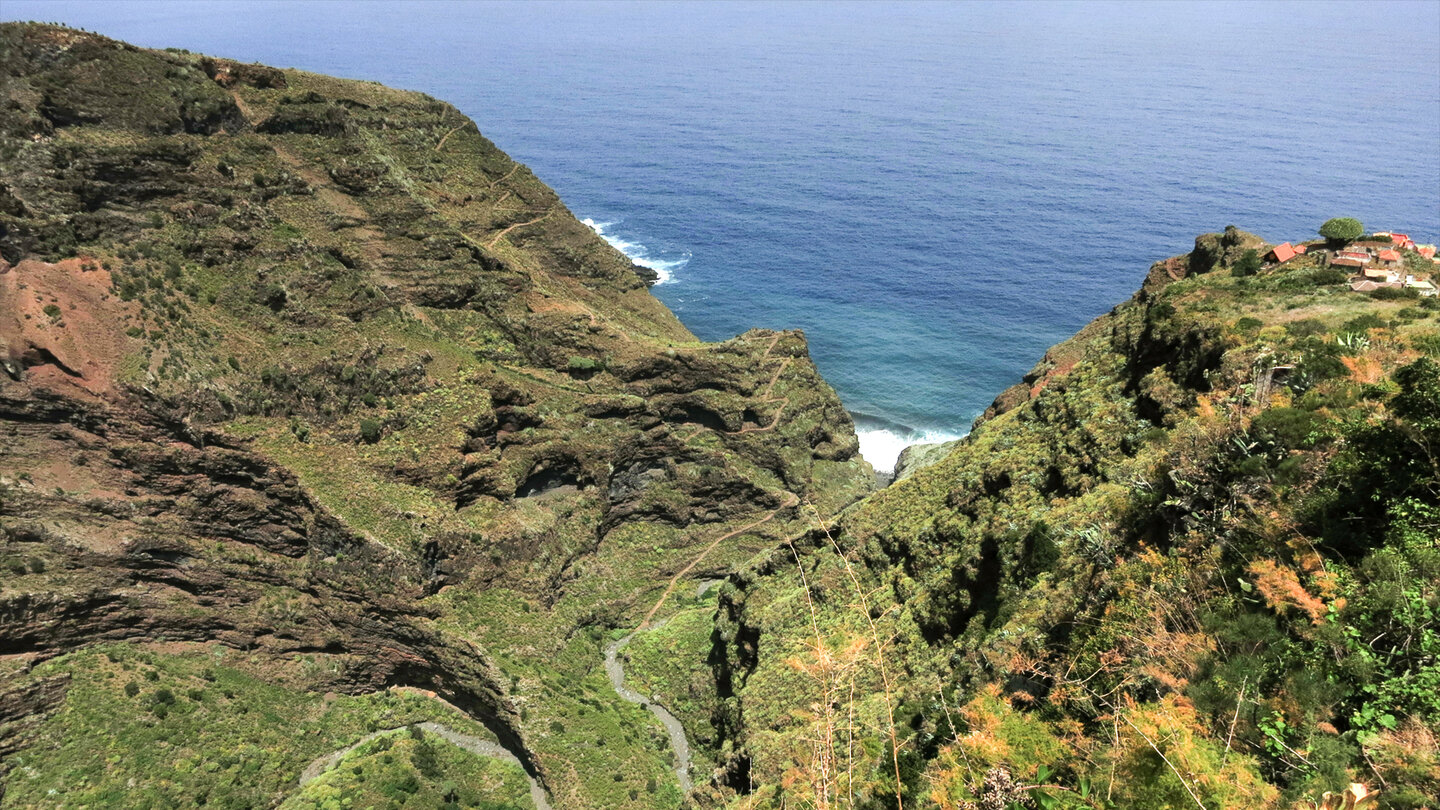 der Wanderweg in den Felswänden an der Mündung der Fagundo-Schlucht