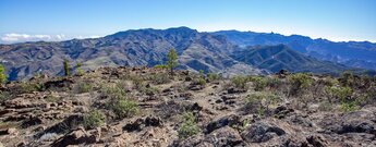 Ausblick über die Berglandschaft des Tamadaba bis zum Roque Nublo am Horizont