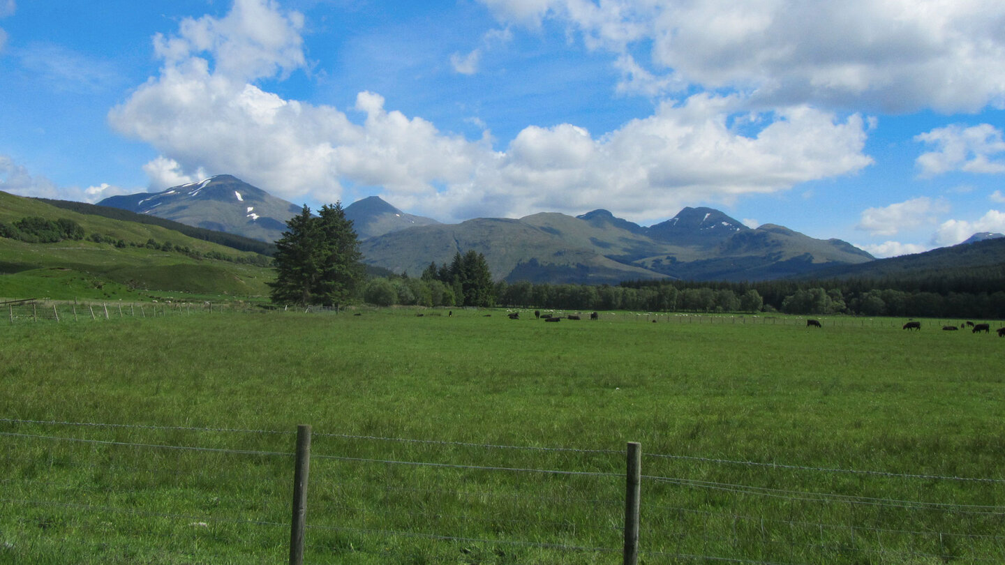 Weidelandschaft vor den Bergen der Highlands Blick über Weiden in die Highlands
