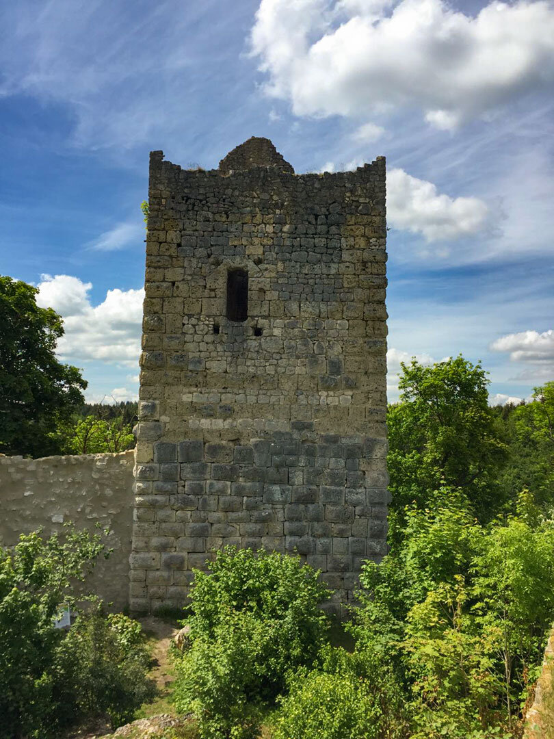 Quadratischer Steinturm der Ruine Kallenberg umgeben von Bäumen