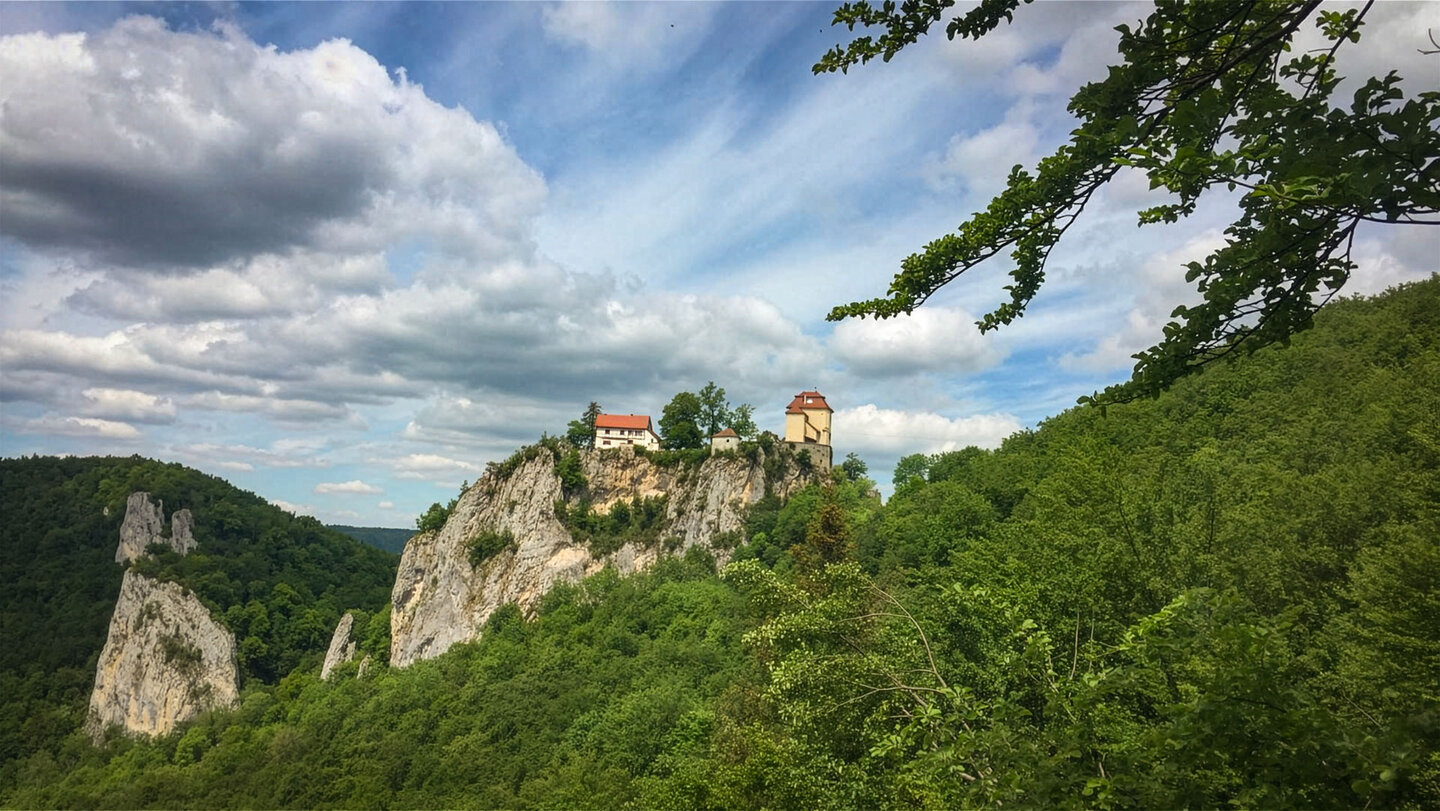 Burganlage Schloss Bronnen über bewaldetem Felsgrat