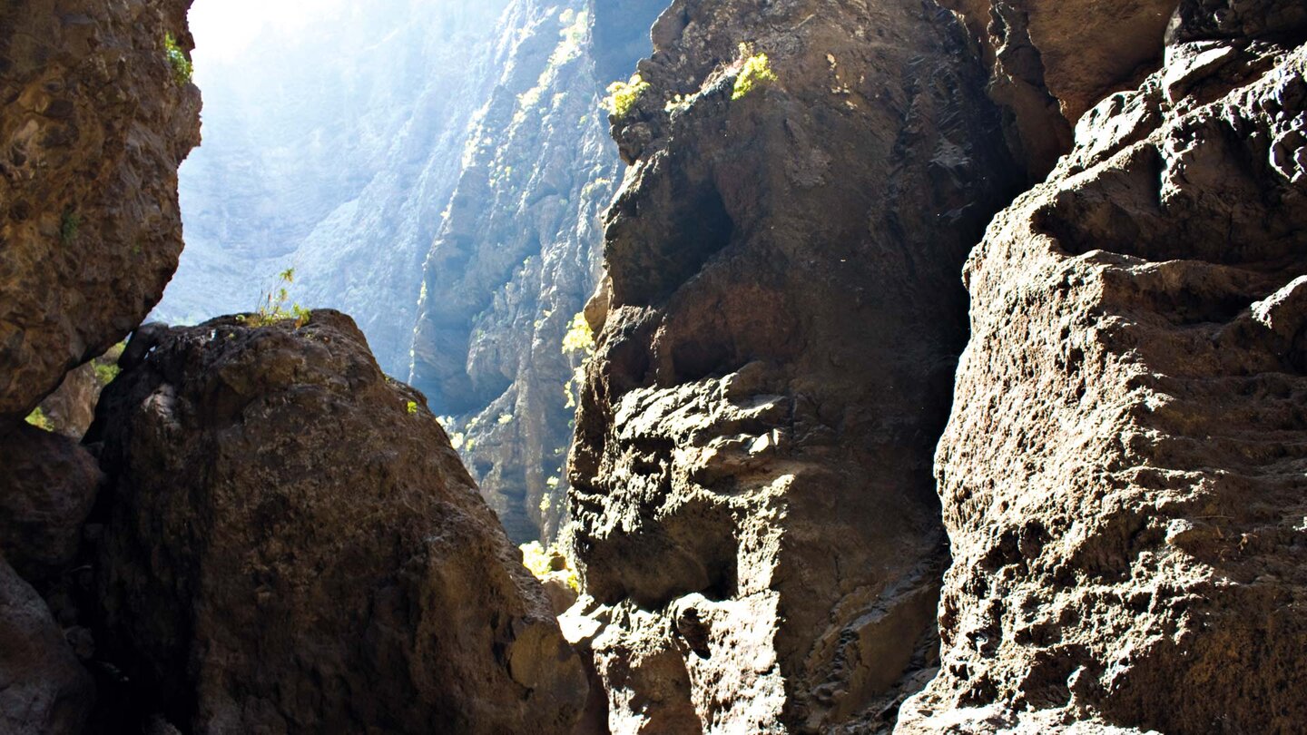 lichtdurchfluteter Ausblick in die Mascaschlucht