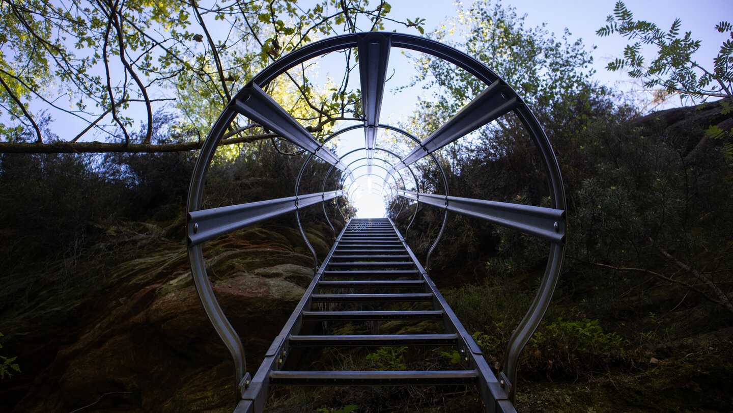Stahlleiter hinauf zum Hühnerstein – ein Highlight des Rimbach-Steigs.