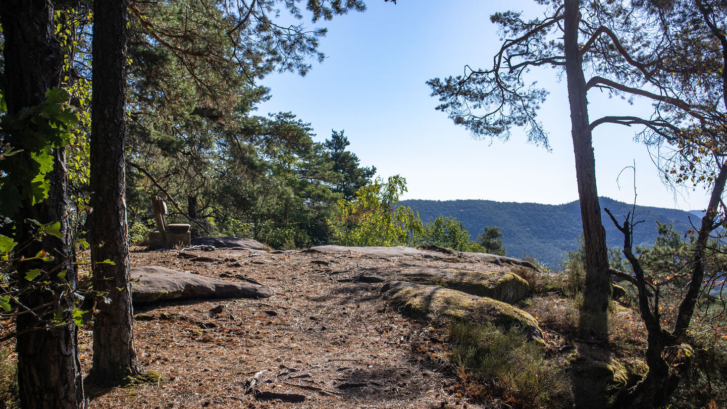 ussichtspunkt Kühhungerfelsen: Felsplateau mit Bank und Panorama über den Wasgau.