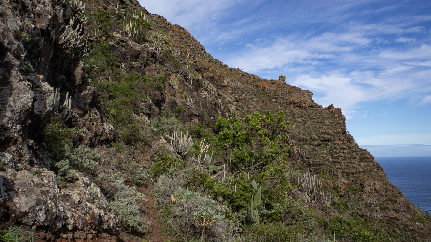 schroffe Felswände am Camino del Risco beim Abstieg zum Ziel