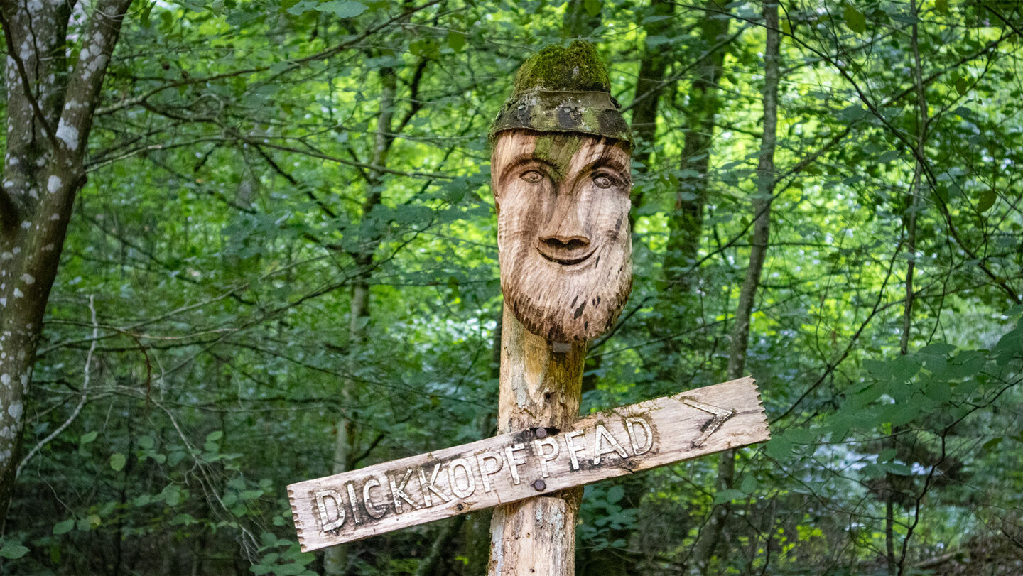 Geschnitzter Wegweiser am Abzweig zum Dickkopfpfad im Bottental bei Erfweiler