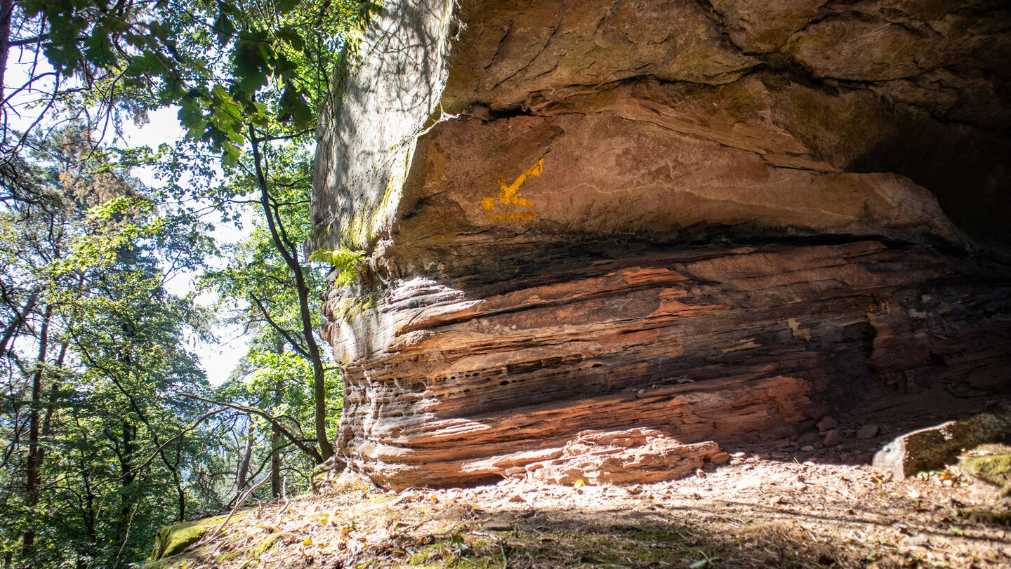 Mächtige überhängende Buntsandsteinwand der Zimmereckfelswand mit orangefarbener Pfeilmarkierung, geschichtete rötliche Sandsteinlagen und Laubwald links