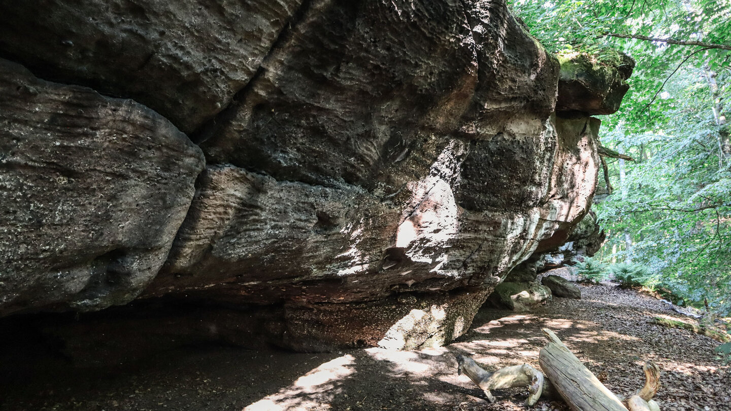 Das Buntsandsteinriff liegt unterhalb des Kammwegs am Drachenfels im Pfälzerwald.
