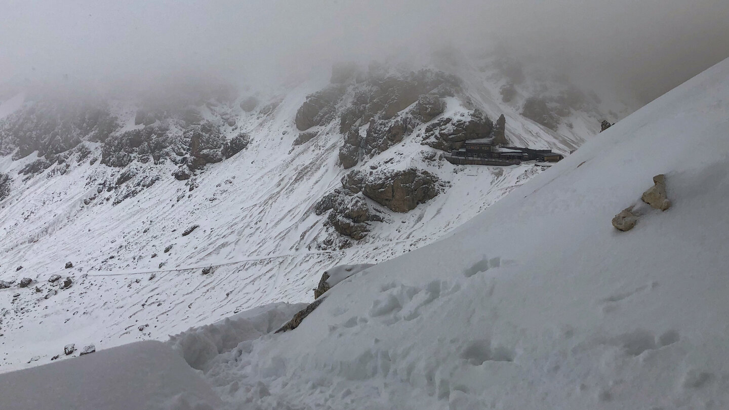 Blick über den Pfad im Schnee zurück zur Grasleitenpasshütte Blick über den Pfad im Schnee zur Grasleitenpasshütte