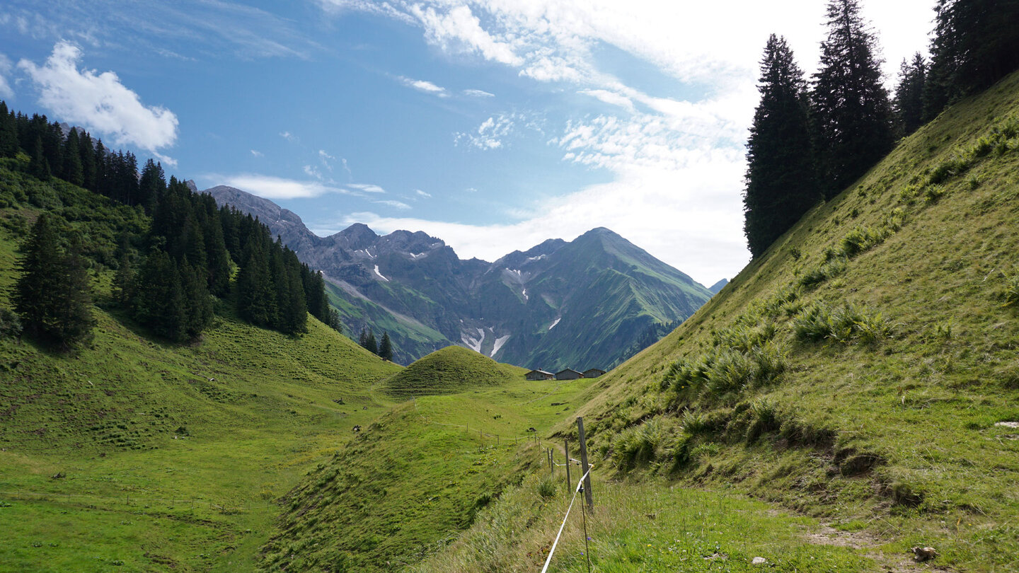 der Wanderweg in Gipfelnähe des Einödsbergs auf saftigen Graswiesen Wanderweg in Gipfelnähe des Einödsbergs auf Graswiesen