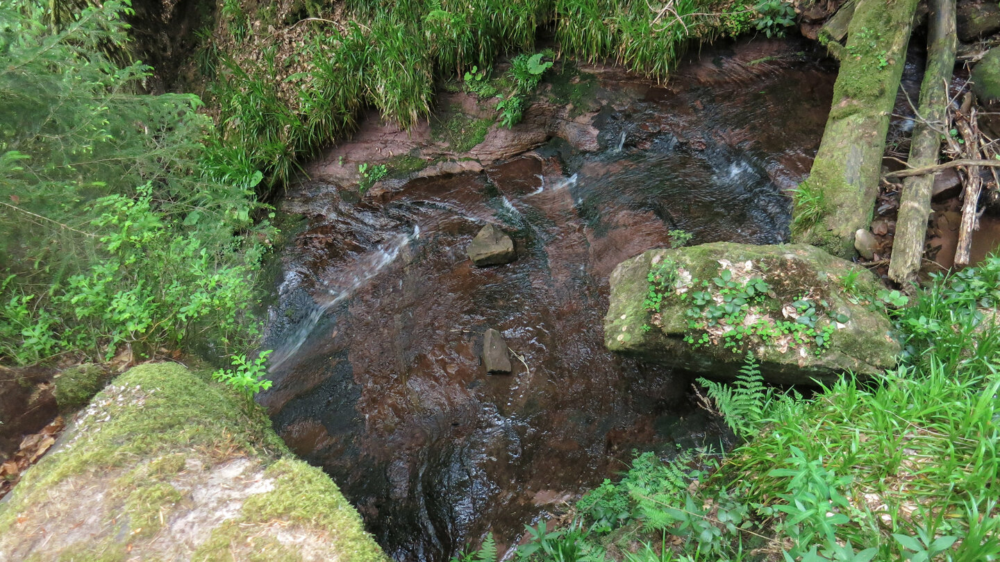 klares Wasser nimmt seinen Weg über oxidiertes Gestein am Sankenbachwasserfall