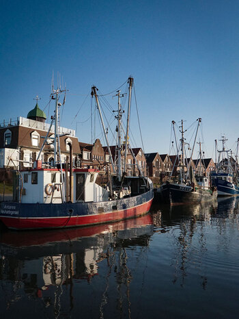 Boote im Hafen mit Krabbenfischerei-Tradition
