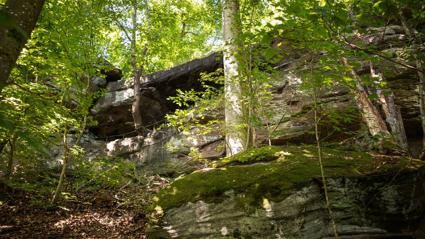 Vom Wanderweg unterhalb des Felsmassivs aus ist die Drachenhöhle sichtbar.