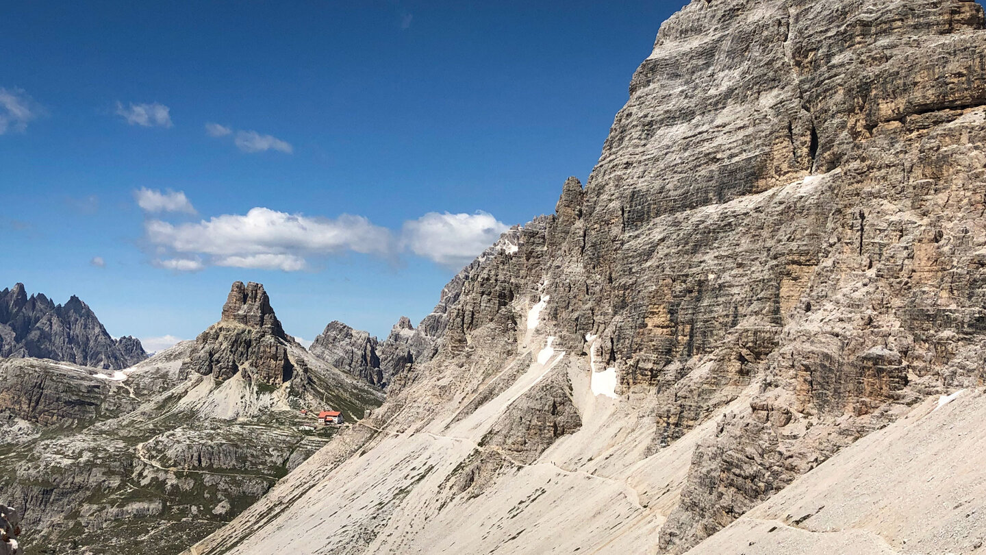 Blick zur Drei-Zinnen-Hütte