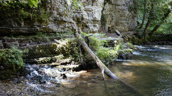 mit Stahlseilen gesicherter Weg am Wutachaustritt