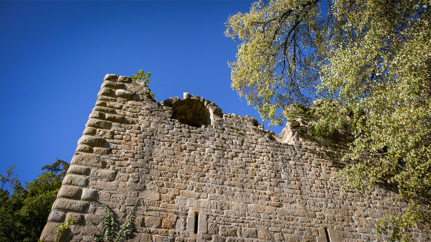 Hohe Bruchsteinmauer der Burg Hagueneck bei Wettolsheim mit Fensterschlitzen unter blauem Himmel